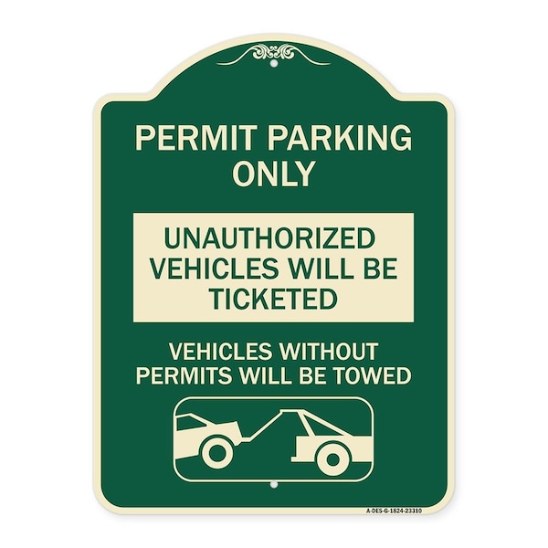 Permit Parking Unauthorized Vehicles Ticketed Vehicles w/o Permits W Alum, 24" x 18", G-1824-23310